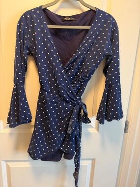 White Fox Boutique Navy Polka Dot Wrap Mini Dress